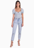 Blusa con escote en v y mangas embombadas color azul para mujer - Flashy