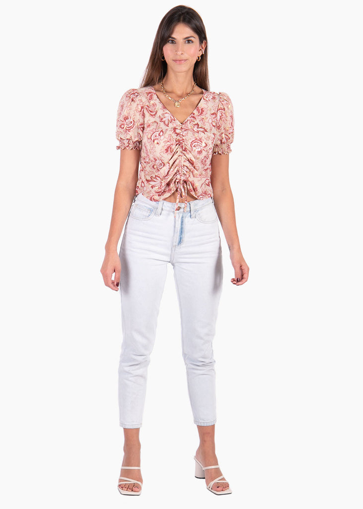 Blusa con estampado de flores con recogido en frente para mujer - Flashy