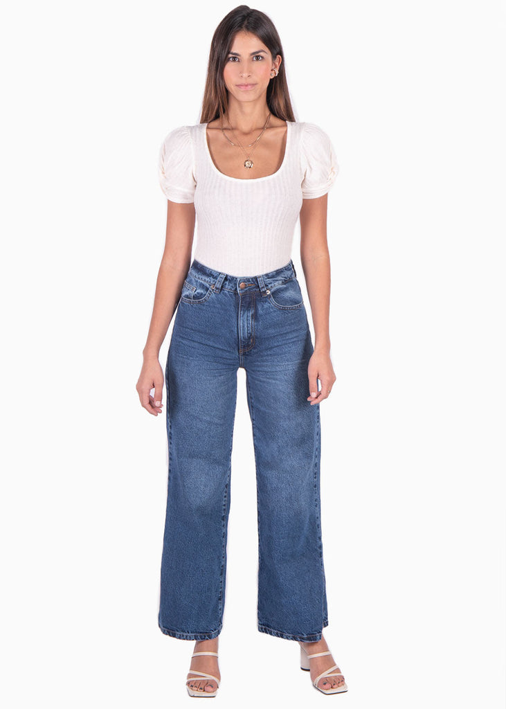 Blusa con mangas embobadas y escote cuadrado color blanco para mujer - Flashy