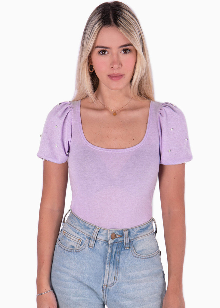 Blusa con mangas embombadas y escote cuadrado color lila, morado para mujer - Flashy