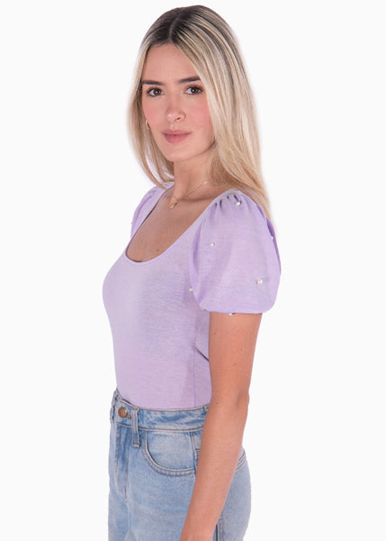 Blusa con mangas embombadas y escote cuadrado color lila, morado para mujer - Flashy