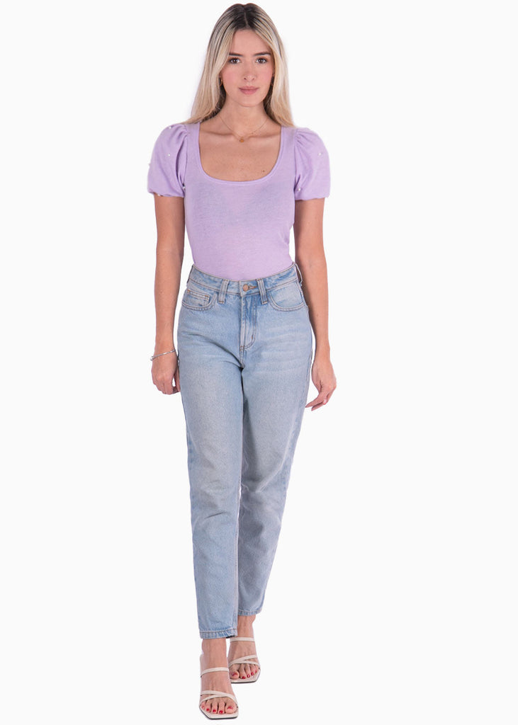 Blusa con mangas embombadas y escote cuadrado color lila, morado para mujer - Flashy