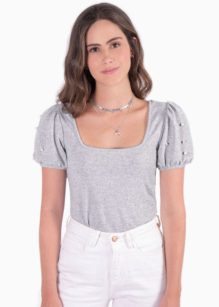 Blusa con mangas embombadas y escote cuadrado color gris para mujer - Flashy