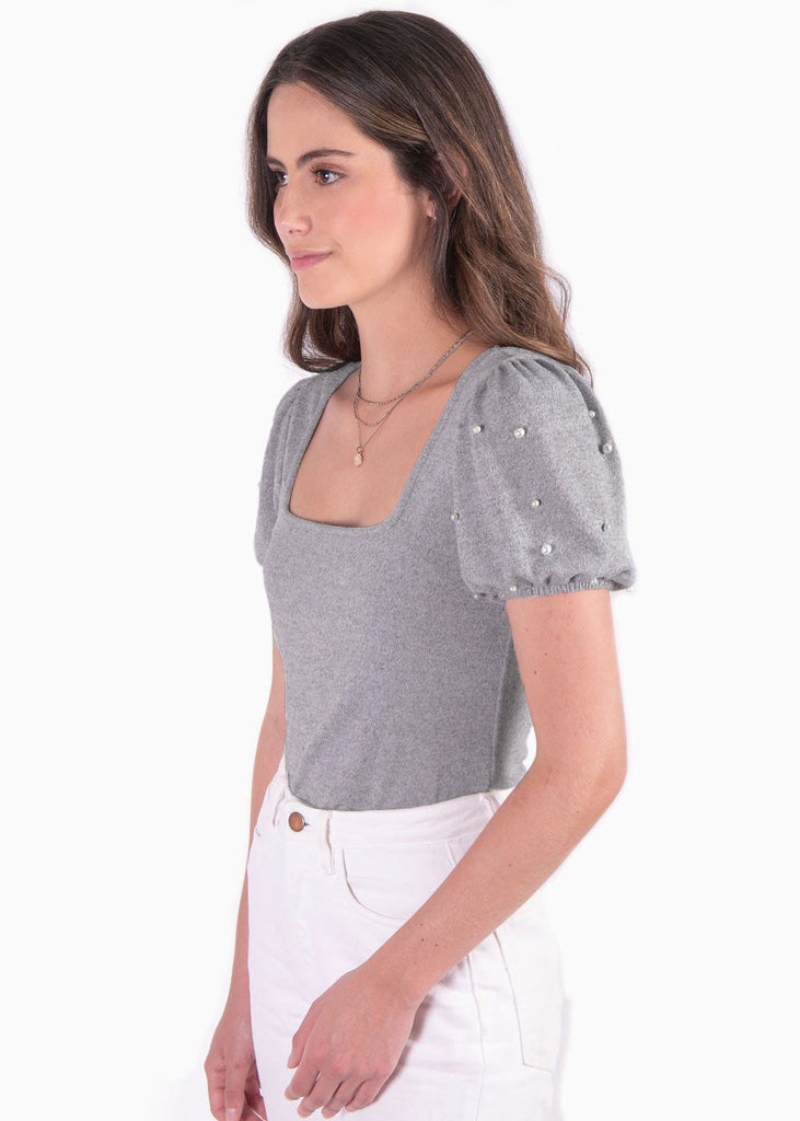 Blusa con mangas embombadas y escote cuadrado color gris para mujer - Flashy