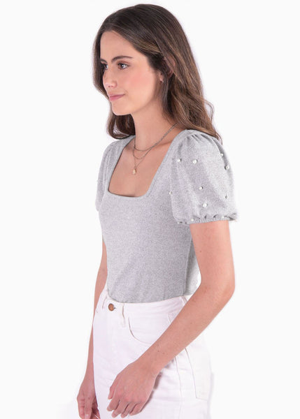 Blusa con mangas embombadas y escote cuadrado color gris para mujer - Flashy