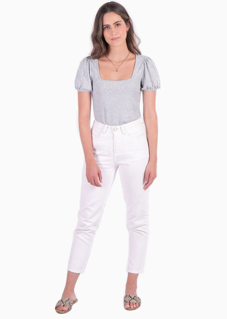 Blusa con mangas embombadas y escote cuadrado color gris para mujer - Flashy