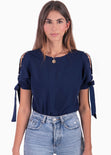 Blusa con perlas y anudados en mangas color azul para mujer - Flashy