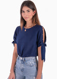 Blusa con perlas y anudados en mangas color azul para mujer - Flashy
