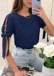 Blusa con perlas y anudados en mangas color azul para mujer - Flashy