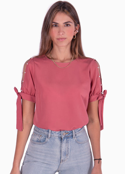 Blusa con perlas y anudados en mangas color rosado para mujer - Flashy