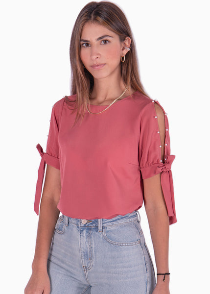 Blusa con perlas y anudados en mangas color rosado para mujer - Flashy