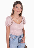 Blusa con recogido en escote y mangas embombadas color rosado para mujer - Flashy