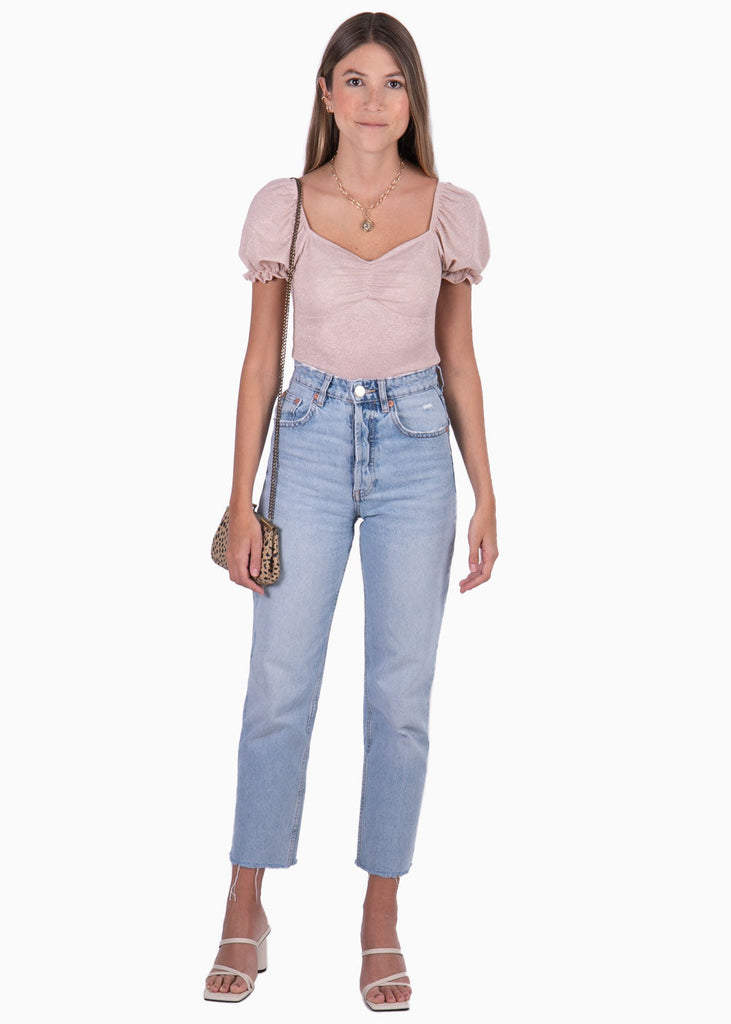 Blusa con recogido en escote y mangas embombadas color rosado para mujer - Flashy