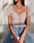 Blusa con recogido en escote y mangas embombadas color rosado para mujer - Flashy