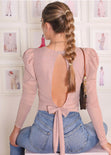 Blusa con recogido en hombros y espalda descubierta color rosado para mujer - Flashy
