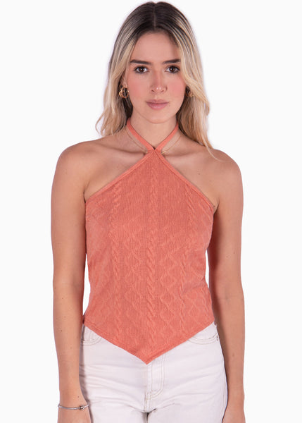 Blusa corta con cuello halter color coral para mujer - Flashy