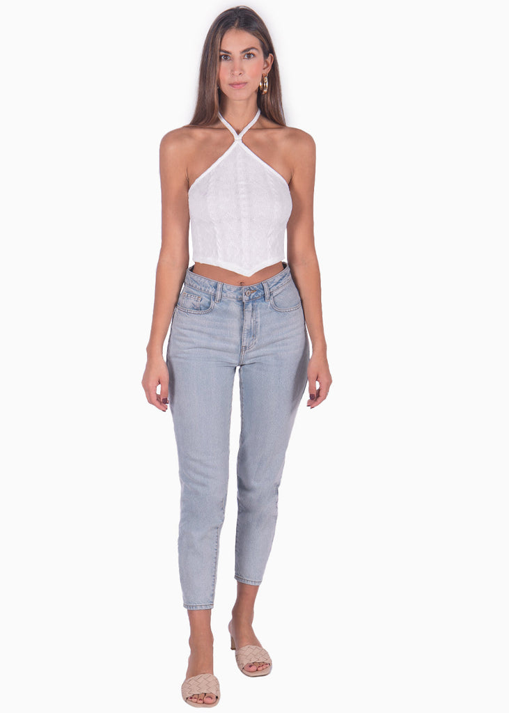 Blusa corta con cuello halter color blanco, marfil para mujer - Flashy
