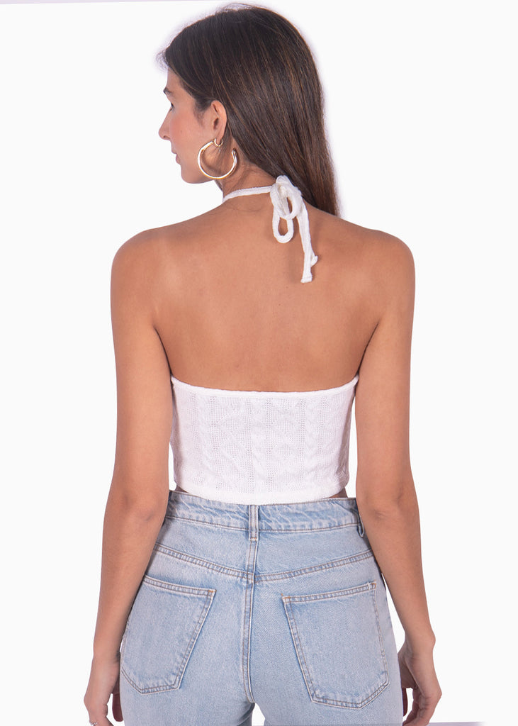 Blusa corta con cuello halter color blanco, marfil para mujer - Flashy