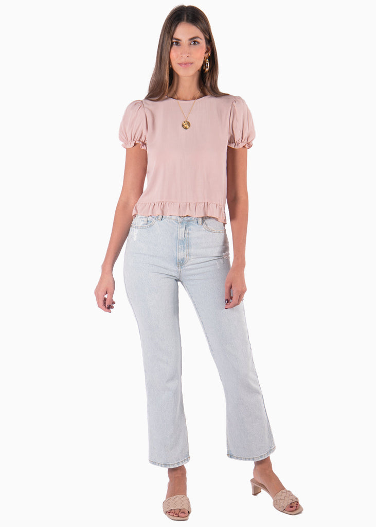 Blusa corta con mangas abullonadas, boleros y espalda descubierta color rosado para mujer - Flashy