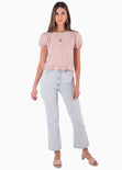 Blusa corta con mangas abullonadas, boleros y espalda descubierta color rosado para mujer - Flashy