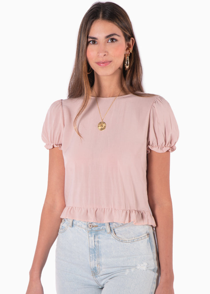 Blusa corta con mangas abullonadas, boleros y espalda descubierta color rosado para mujer - Flashy