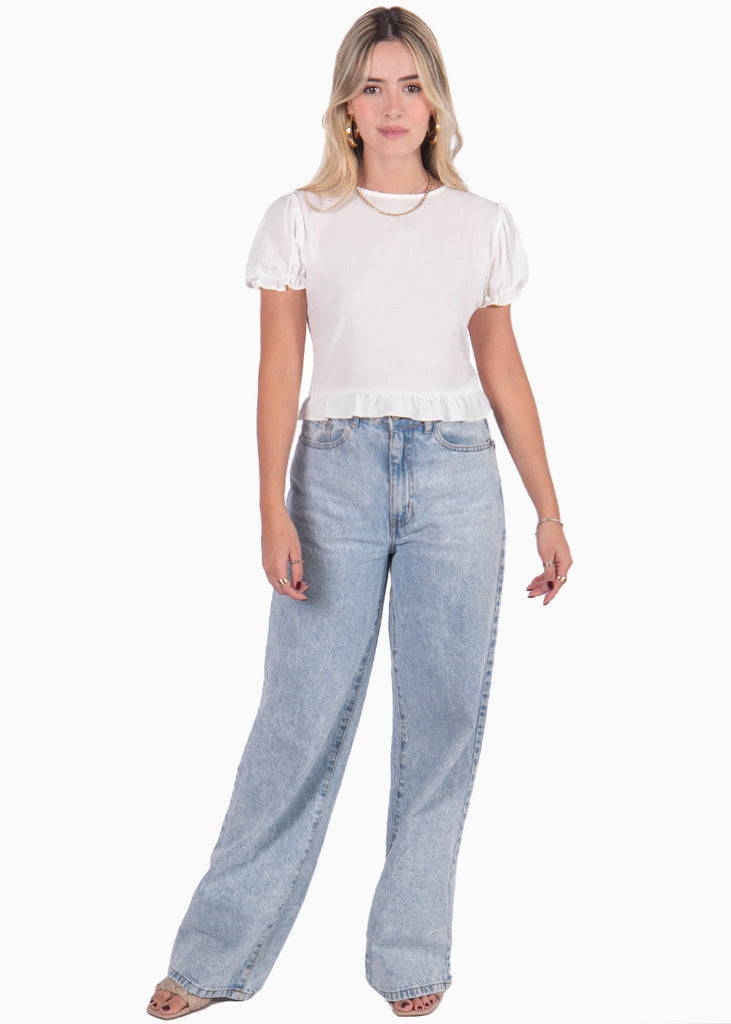 Blusa corta con mangas abullonadas, boleros y espalda descubierta color blanco, marfil para mujer - Flashy