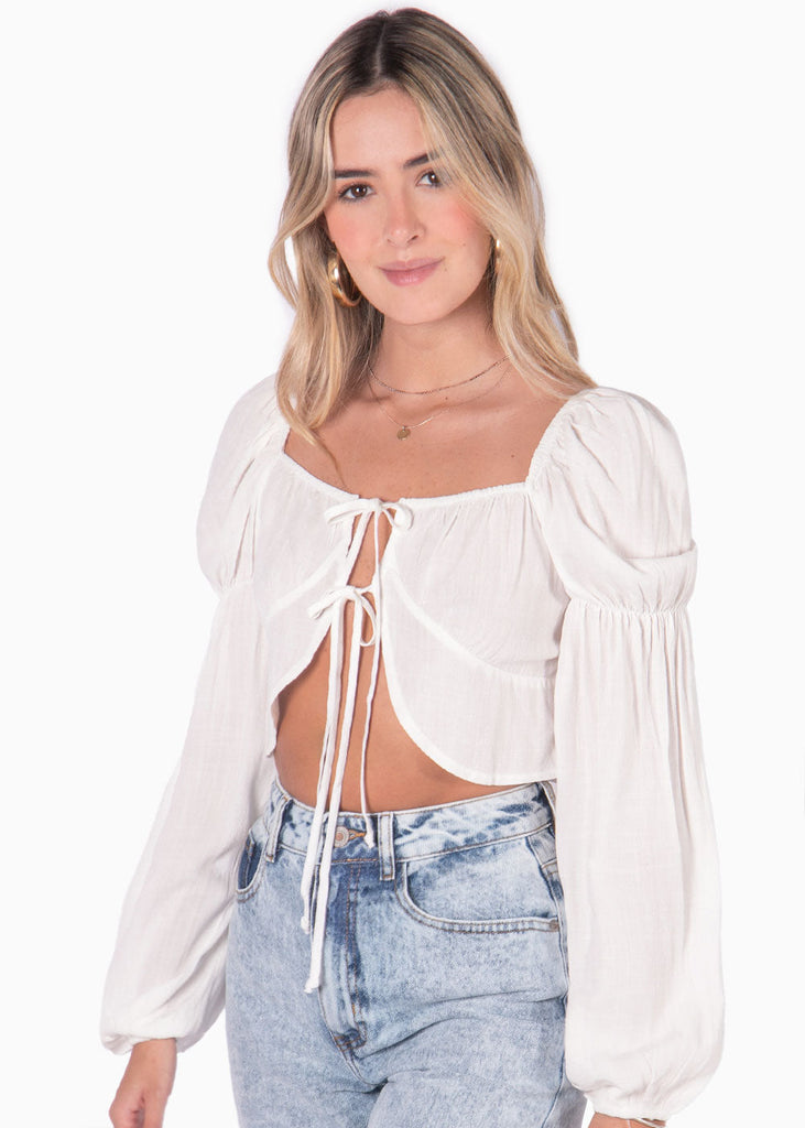 Blusa corta con recogido en frente y mangas englobadas color blanco, marfil para mujer - Flashy