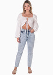 Blusa corta con recogido en frente y mangas englobadas color blanco, marfil para mujer - Flashy