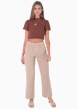 Blusa corta cuello alto, manga corta con recogido en hombros color café para mujer - Flashy