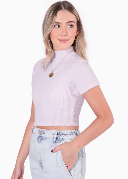 Blusa corta de cuello alto y manga corta color lila para mujer - Flashy