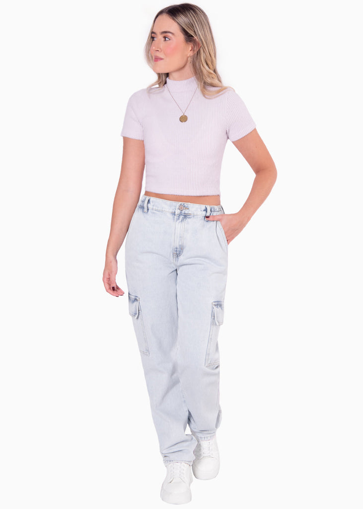Blusa corta de cuello alto y manga corta color lila para mujer - Flashy