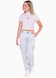 Blusa corta de cuello alto y manga corta color lila para mujer - Flashy