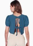 Blusa corta de manga corta con anudados en espalda color azul para mujer - Flashy