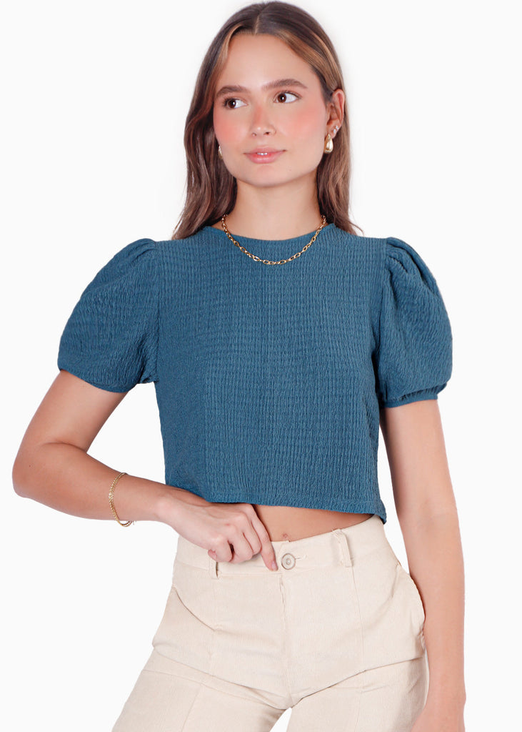 Blusa corta de manga corta con anudados en espalda color azul para mujer - Flashy