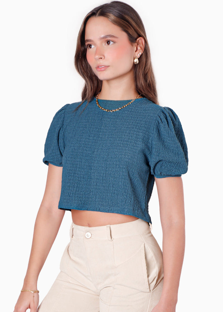Blusa corta de manga corta con anudados en espalda color azul para mujer - Flashy