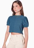 Blusa corta de manga corta con anudados en espalda color azul para mujer - Flashy
