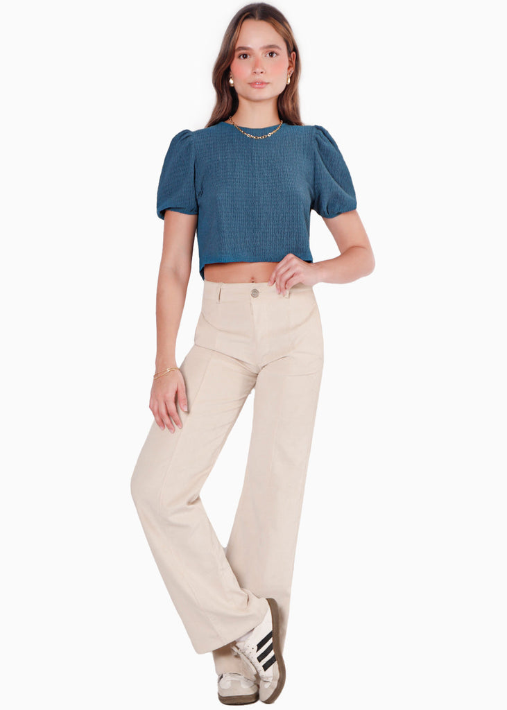 Blusa corta de manga corta con anudados en espalda color azul para mujer - Flashy