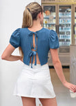 Blusa corta de manga corta con anudados en espalda color azul para mujer - Flashy