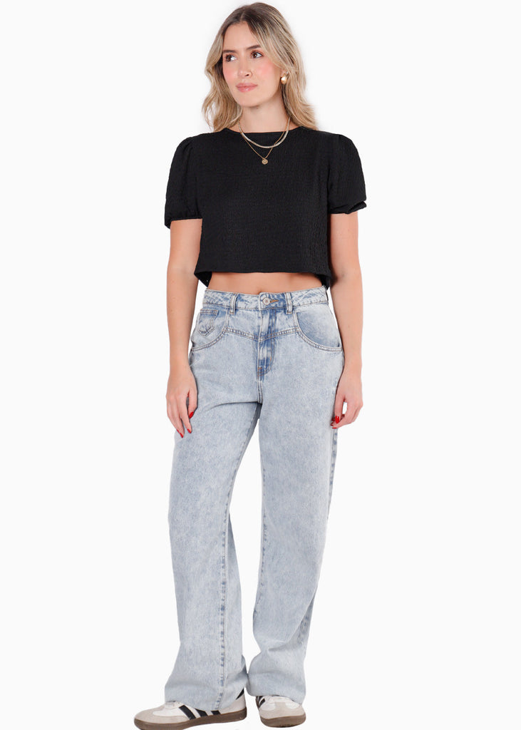 Blusa corta de manga corta con anudados en espalda color negro para mujer - Flashy