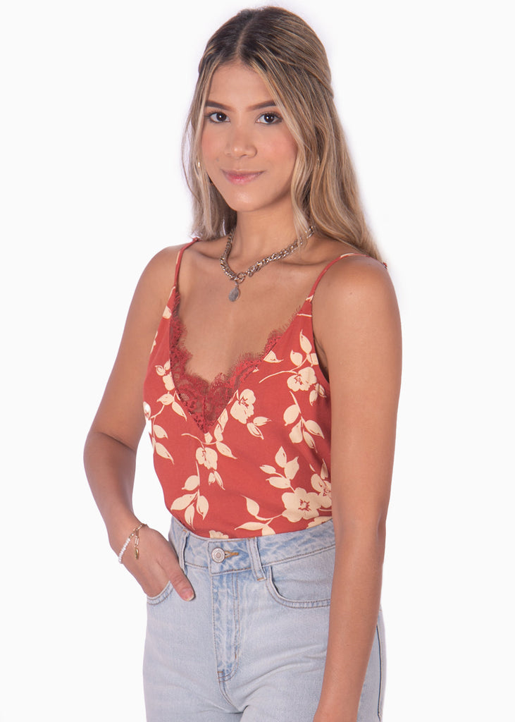 Blusa corta de tiras estampada y escote en encaje color terracota, rojo para mujer - Flashy