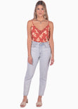 Blusa corta de tiras estampada y escote en encaje color terracota, rojo para mujer - Flashy