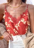 Blusa corta de tiras estampada y escote en encaje color terracota, rojo para mujer - Flashy