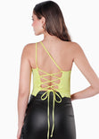 Blusa corta de un solo hombro con espalda descubierta y anudado color verde para mujer - Flashy