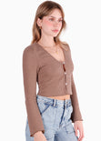 Blusa corta manga larga con botones color café para mujer - Flashy