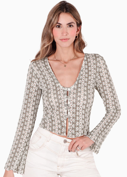 Blusa corta manga larga con botones color verde para mujer - Flashy