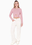 Blusa corta manga larga con cruce en cintura color rosado para mujer - Flashy