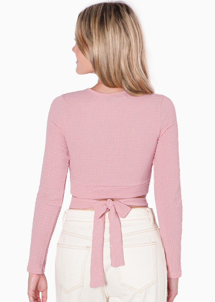 Blusa corta manga larga con cruce en cintura color rosado para mujer - Flashy