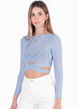 Blusa corta manga larga con cruce en cintura color azul para mujer - Flashy