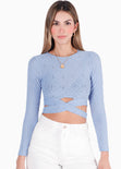 Blusa corta manga larga con cruce en cintura color azul para mujer - Flashy