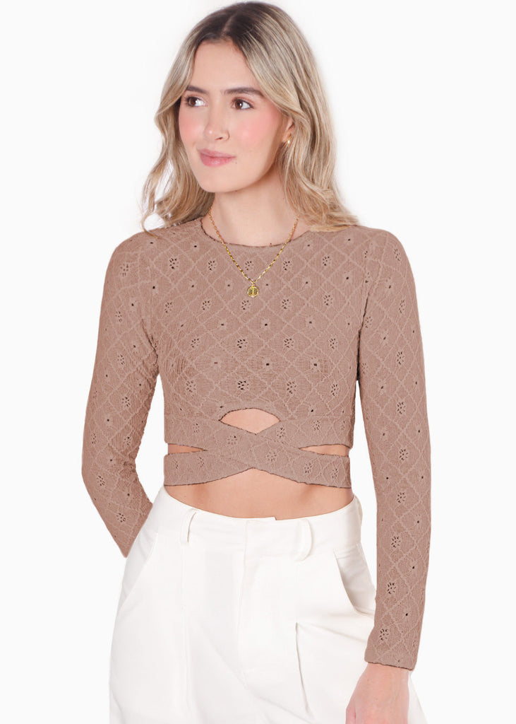 Blusa corta manga larga con cruce en cintura color beige para mujer - Flashy